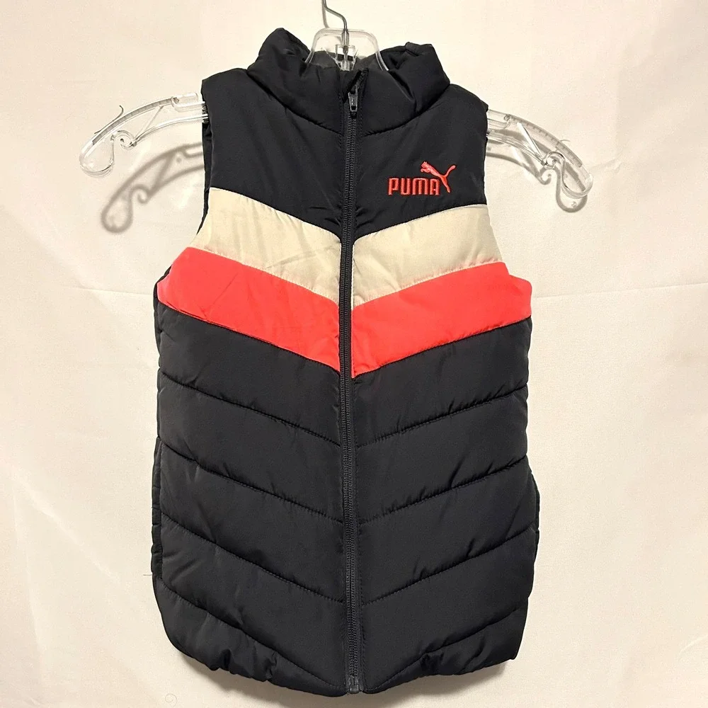 Puma Puffer Vest Full Zip Sleeveless Pink White Black Girls‎ Kids Size Small 6
